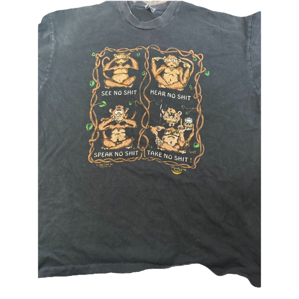 Vtg Funny Monkey Take Hear See No Sh*T T Shirt Adult XL Faded Black 90s Graphic